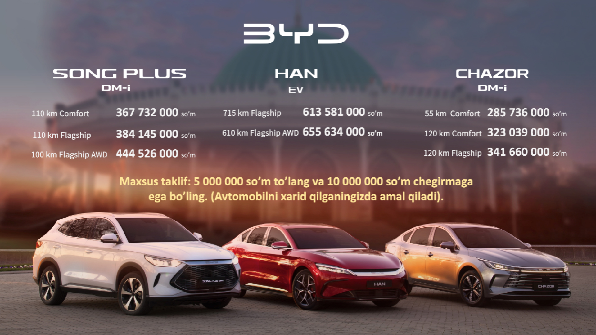Three all-new BYD NEV models launched in Uzbekistan: BYD CHAZOR, BYD SONG PLUS DM-i and BYD HAN