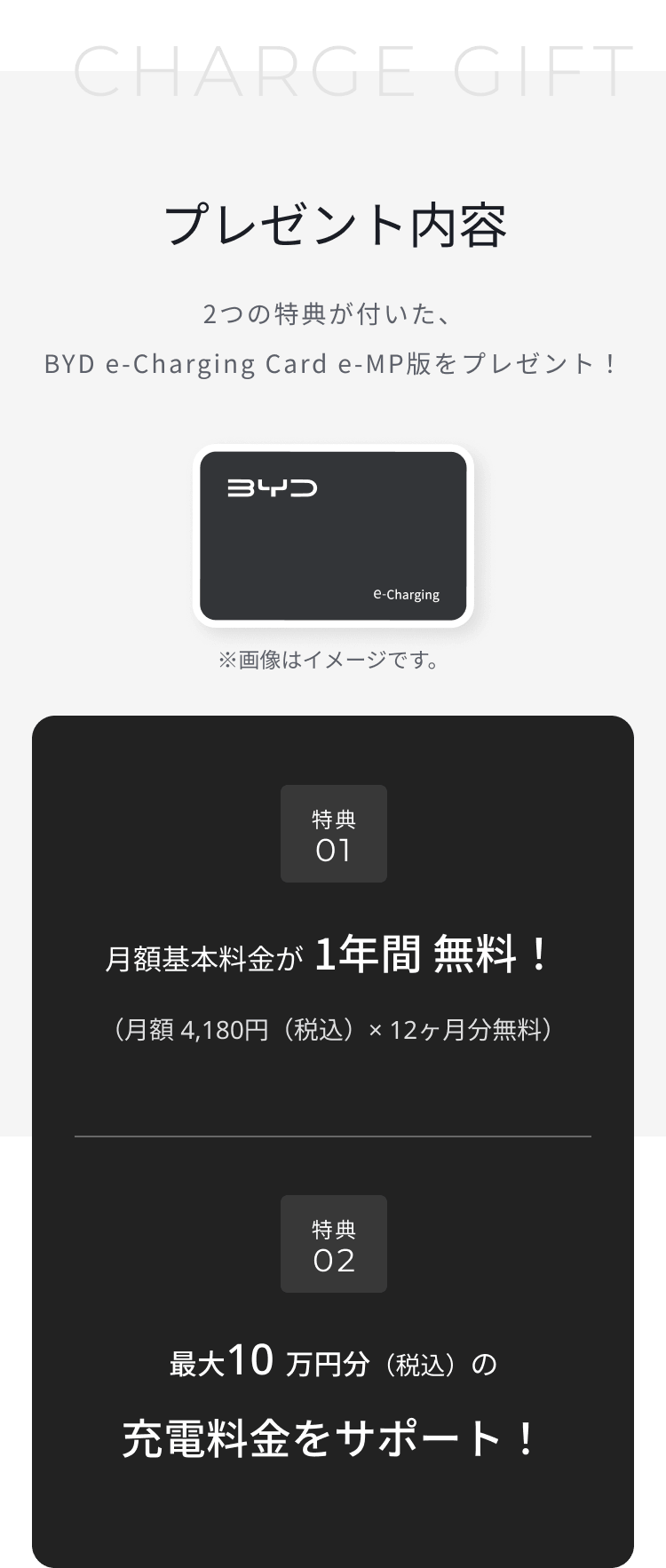 プレゼント内容。特典01 月額基本料金が1年間無料。特典02 最大10万円分（税込）の充電料金をサポート。