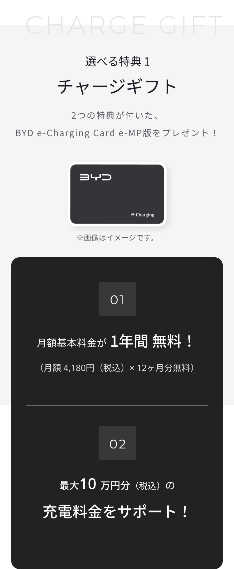 プレゼント内容。特典01 月額基本料金が1年間無料。特典02 最大10万円分（税込）の充電料金をサポート。