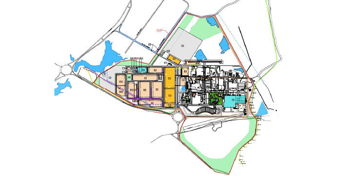 Mapa mostra áreas em laranja claro e escuro onde o novo complexo fabril será construído